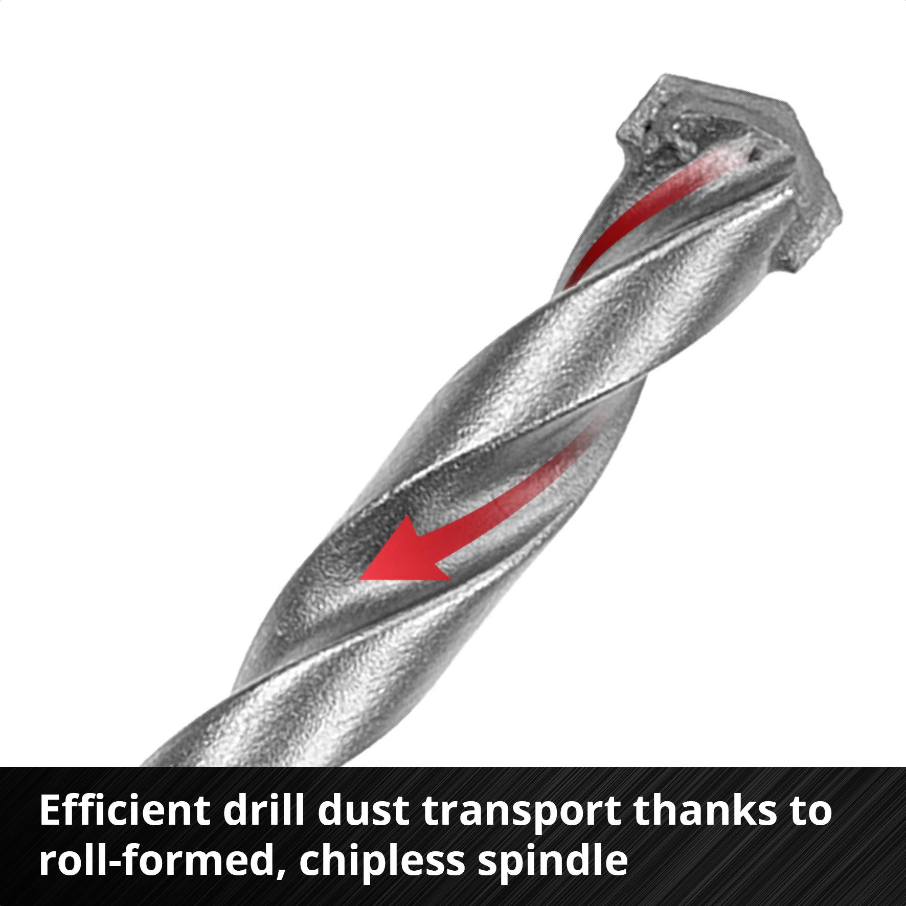 The image shows a drill bit with a red line highlighting the spiral flute, and text reading: 'More efficient chip removal thanks to roll-forged, chipless formed spindle'.