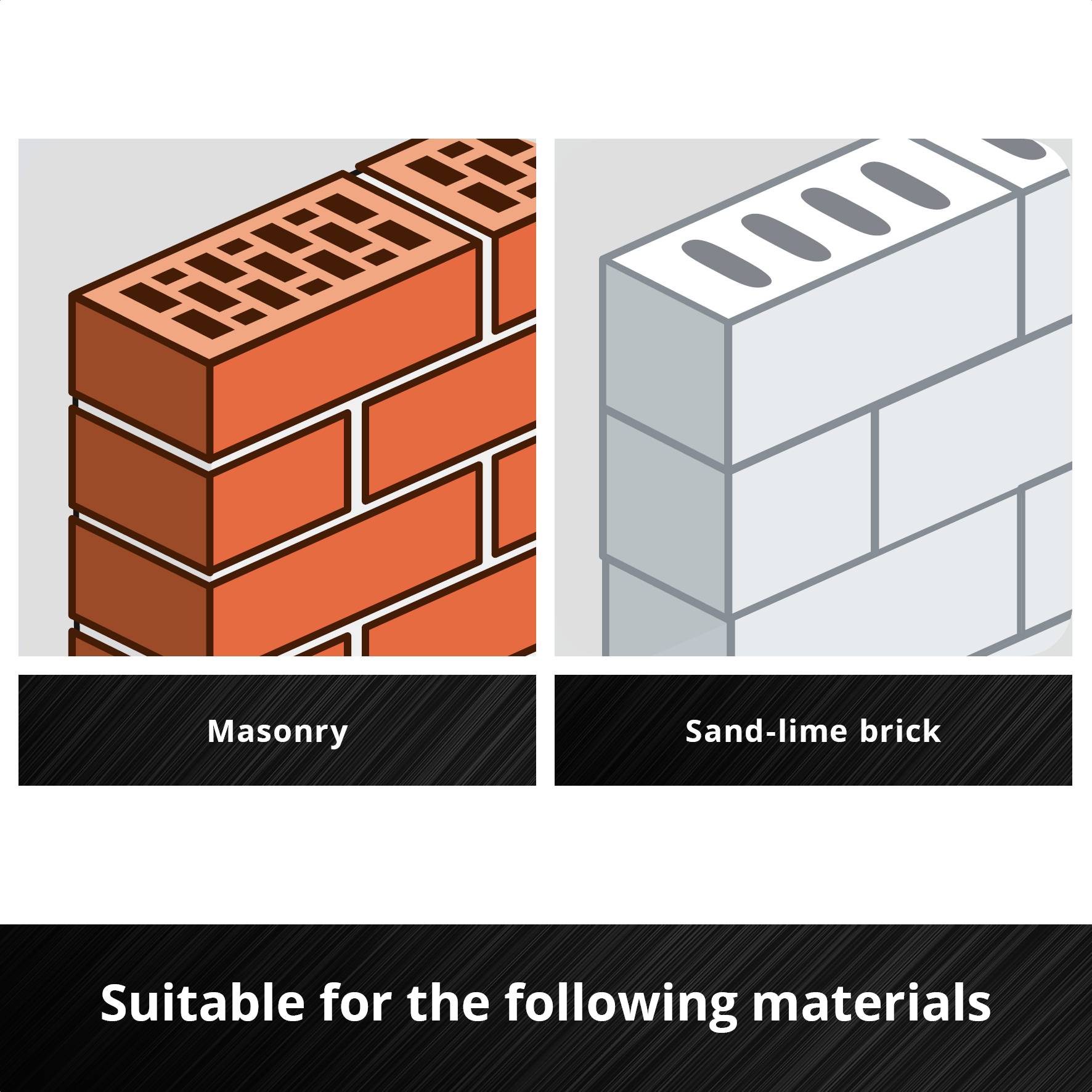 'Suitable for the following materials: Masonry, sand-lime brick.' Two illustrations show brick masonry and sand-lime brick blocks.