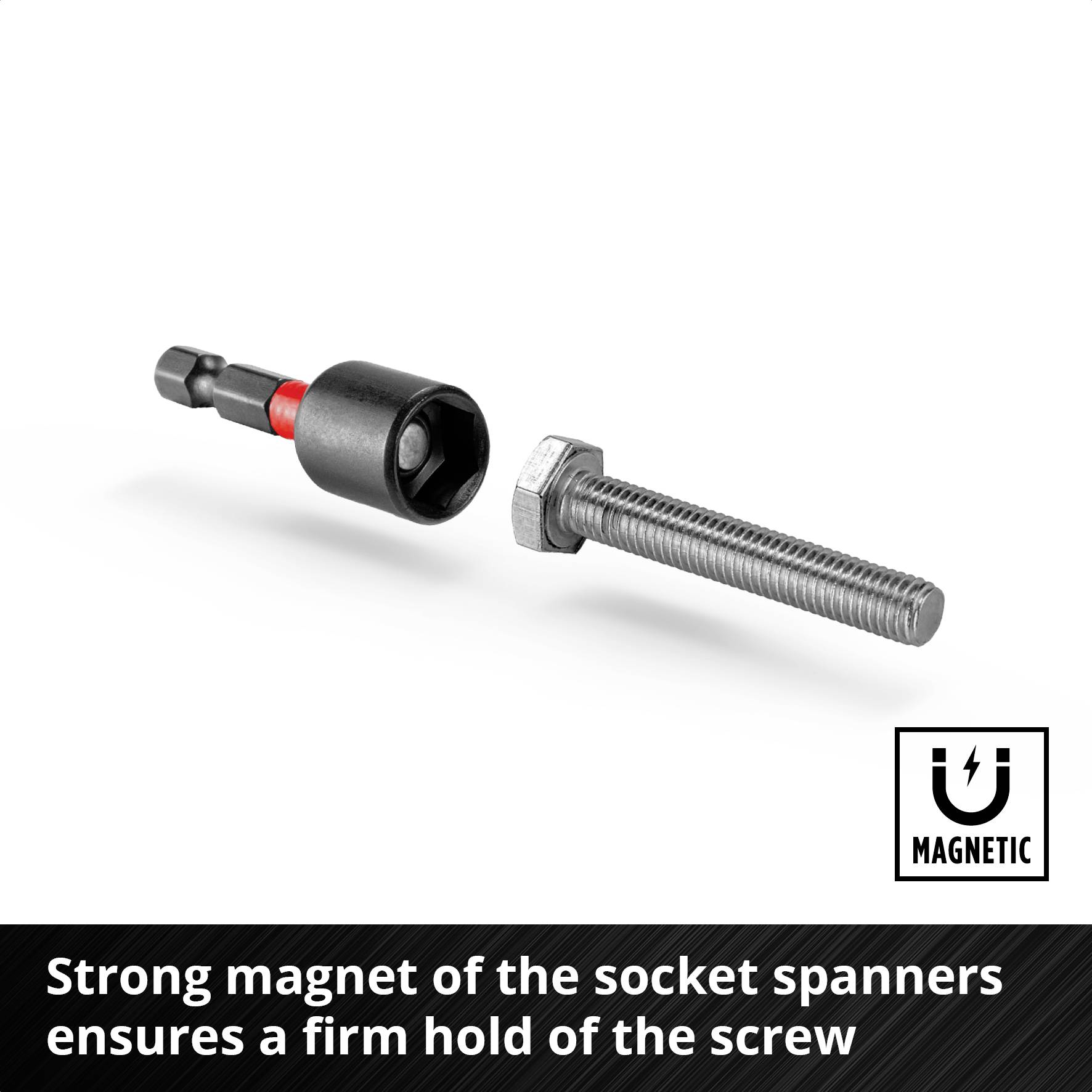 'Magnetic bit holder and screw, ensures secure fastening. Text: Strong magnet of the bit holder provides firm grip.'