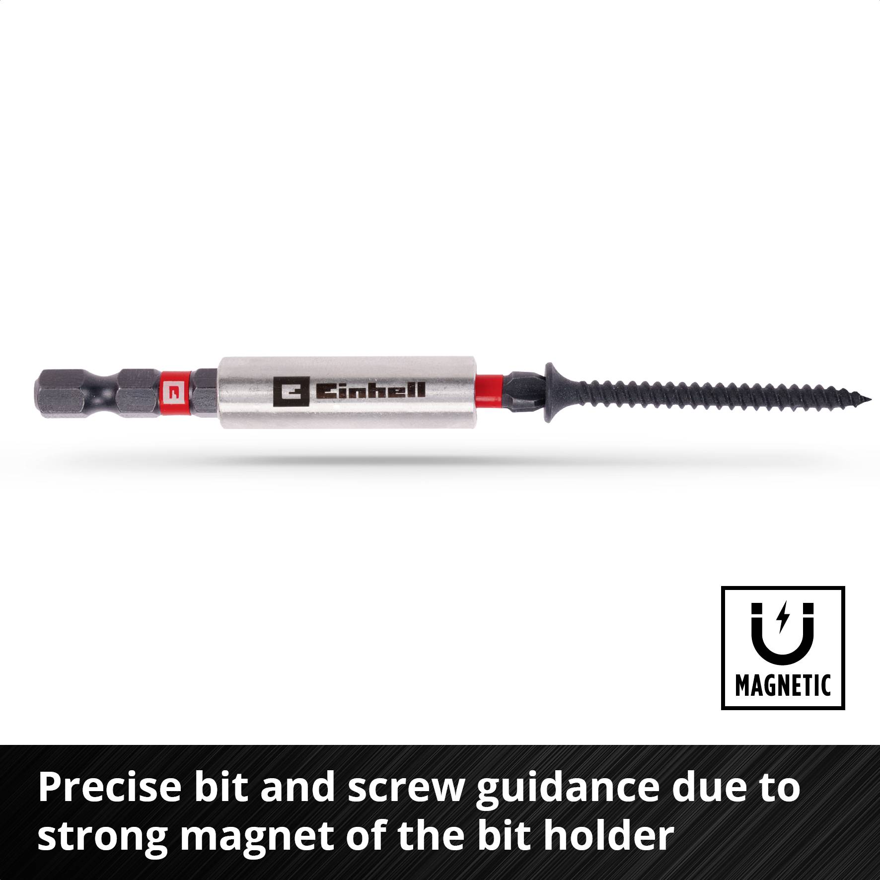 A screwdriver bit with a magnetic bit holder is shown. Underneath it reads: 'Precise bit and screw guidance'.