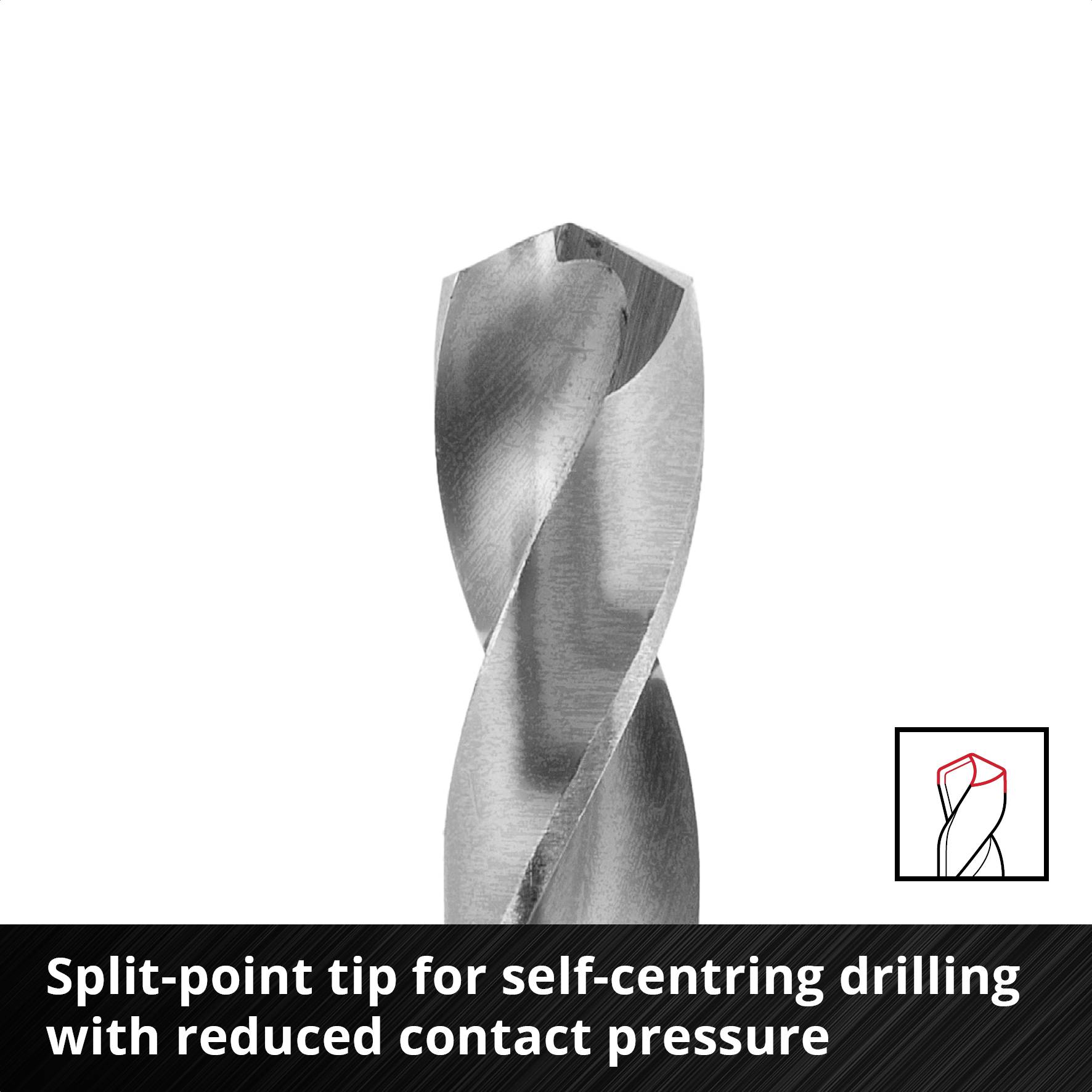 'Close-up of a drill bit with a split-point tip for self-centring. Text: Split-point tip for self-centring drilling with reduced pressing pressure.'