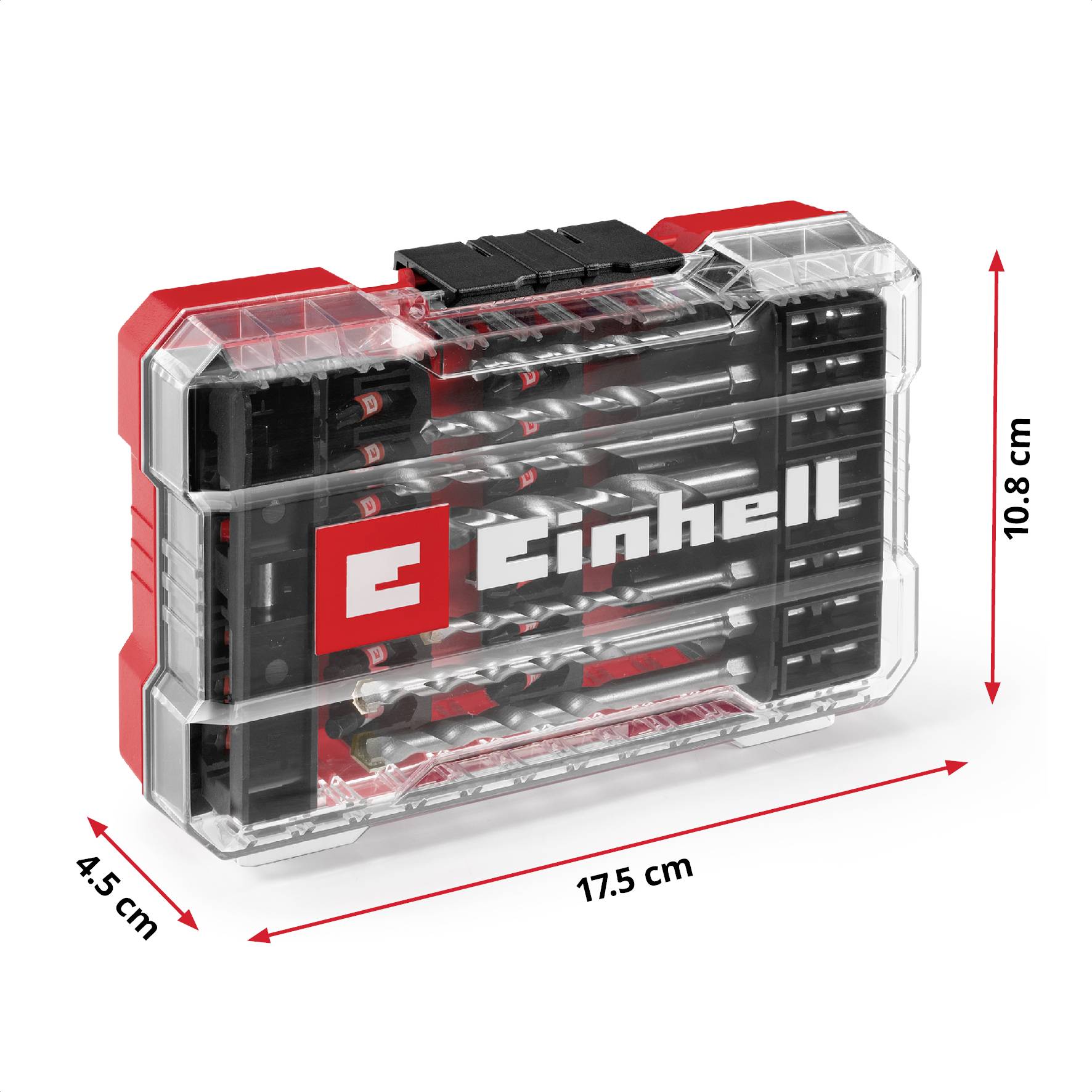 Einhell Screwdriver Bit Set in a transparent storage box measuring 17.5 cm x 10.8 cm x 4.5 cm. Contains various bits.