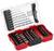 Red toolbox with various spiral drill bits and screwdriver bits arranged in an orderly manner, foldable with a transparent lid.