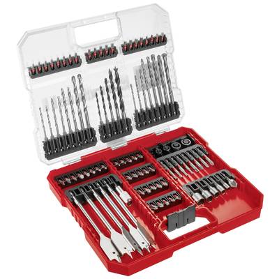 Opened toolbox with various drill bits and bits in separate compartments. Ideal for diverse DIY projects.