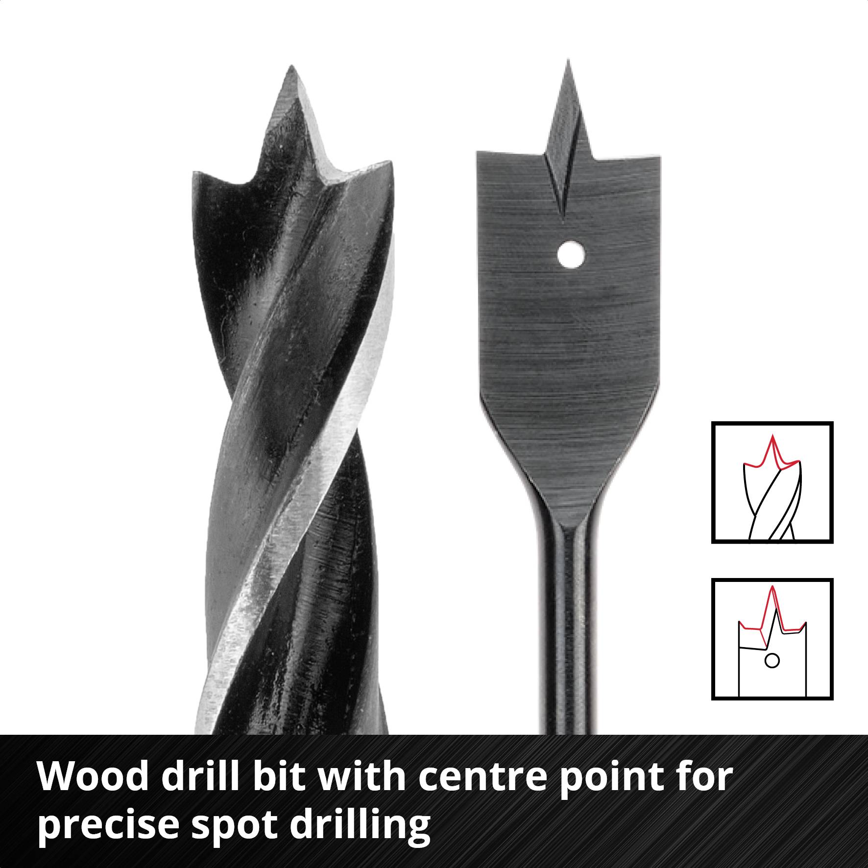 'Wood drill with centre point for precise drilling' shows two drill types: on the left a twist drill, on the right a flat milling drill, with diagram.