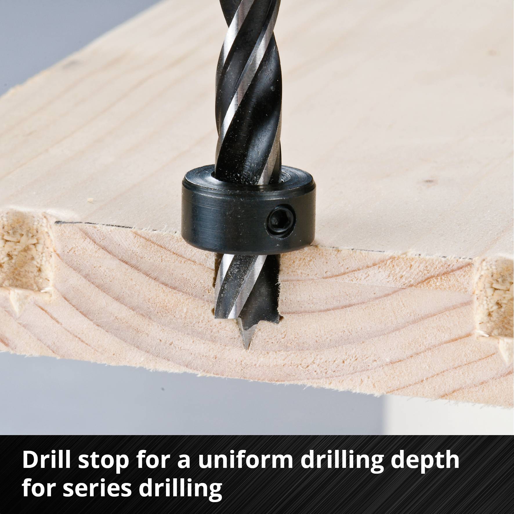 'Drill Depth Stop for Consistent Drilling Depth in Serial Drilling' shows a drill bit with a stop, drilling into a piece of wood.