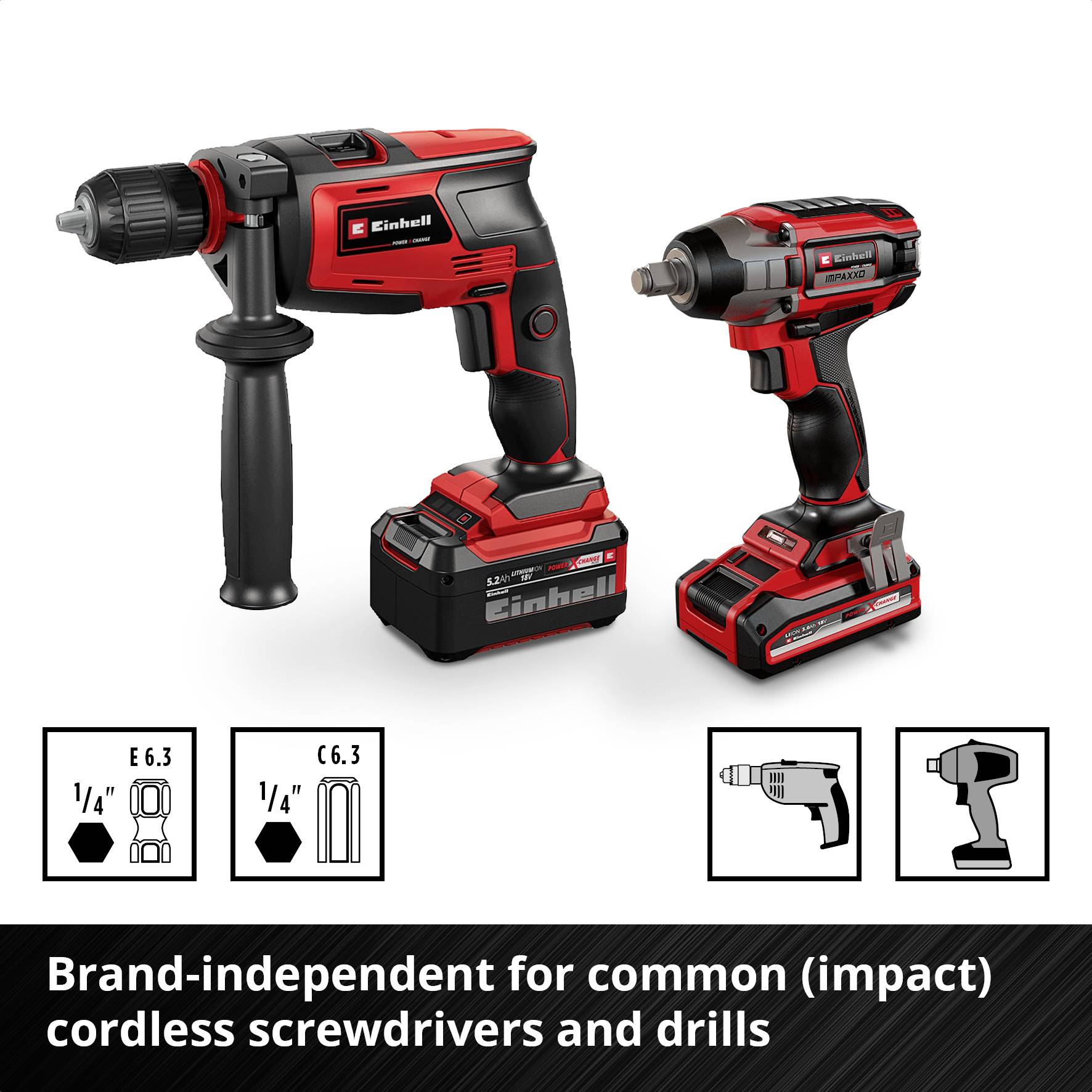 Two cordless drill machines in red and black with accessories. Text: 'Brand-independent – Suitable for common (impact) cordless screwdrivers and drills'.
