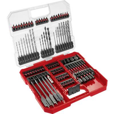 An opened toolset with various drill heads and bits, neatly arranged in a red case.