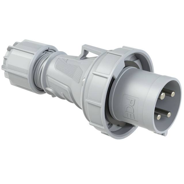 A grey, cylindrical, industrial plug with multiple visible metal pins, suitable for heavy-duty electrical applications.