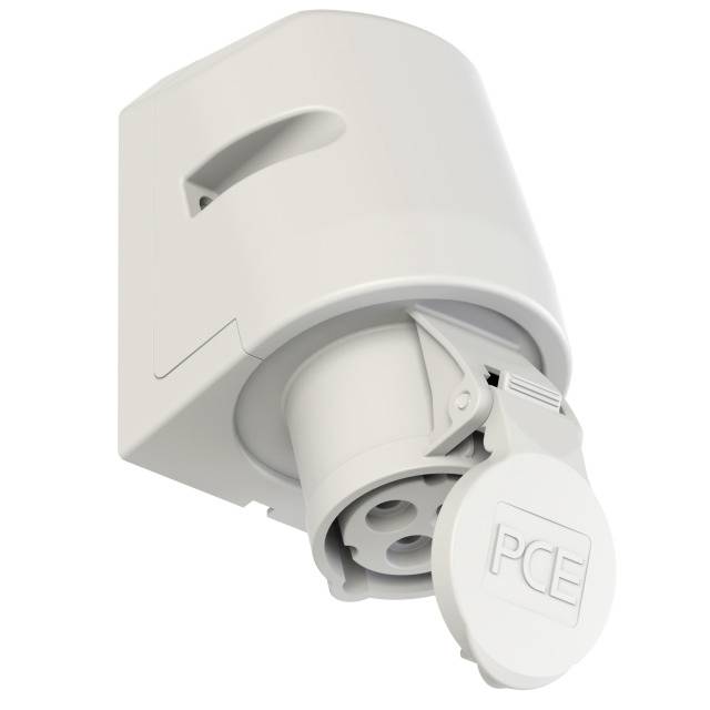 White electrical socket with protective cover, branded 'PCE', wall-mounted. Ideal for outdoor areas.
