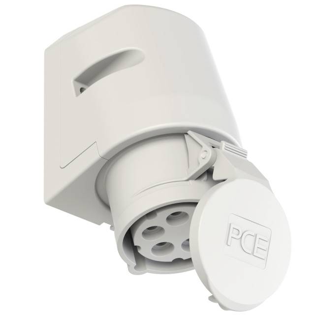 A white, angled, industrial connector with an opening cover, which has 'PCE' embossed on it.