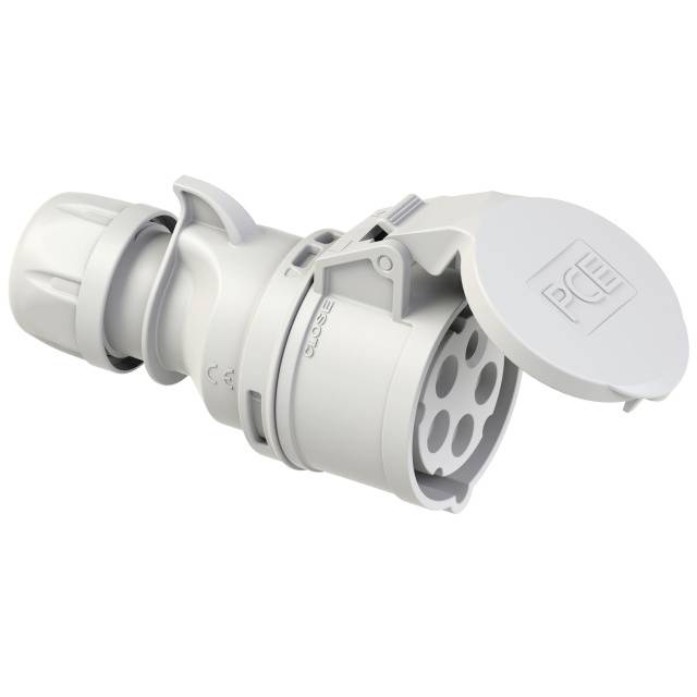 A grey CEE industrial plug with an angled handle is shown from an upper side angle, with the protective cap open.