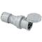 A grey three-pin plug with a protective cover, suitable for industrial applications. The cover is slightly open.