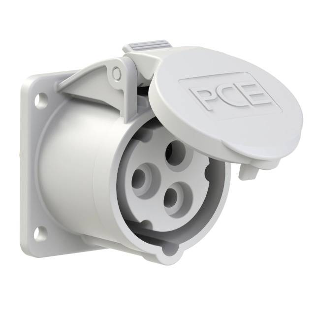 White, round three-pin socket covered by a hinged lid embossed with 'PCE'.