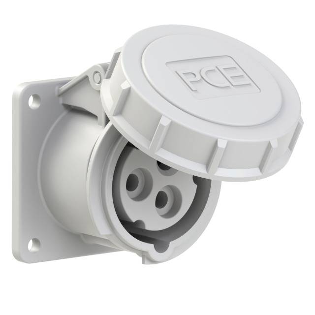 A white industrial socket with three round holes and a cover embossed with 'PCE'. Suitable for high electrical loads.