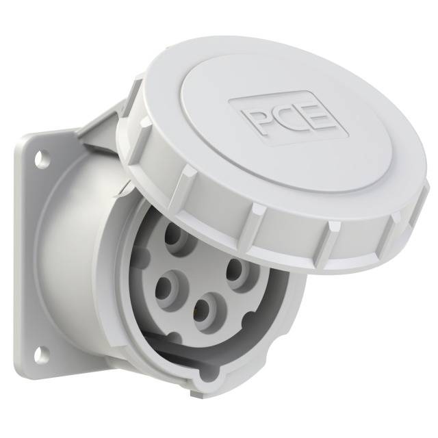 'Round, white, industrial socket with cover and four matching holes for connection.'