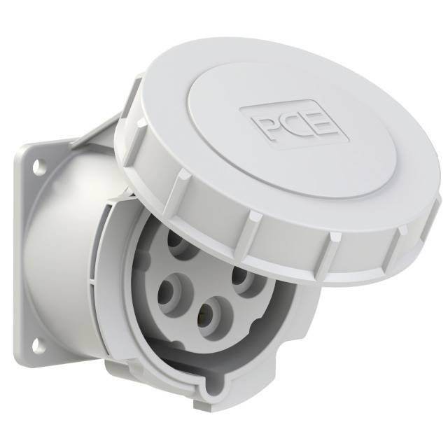 Electrical wall socket with a round cover cap. Grey casing, rectangular base, with an opening showing three plug outlets.