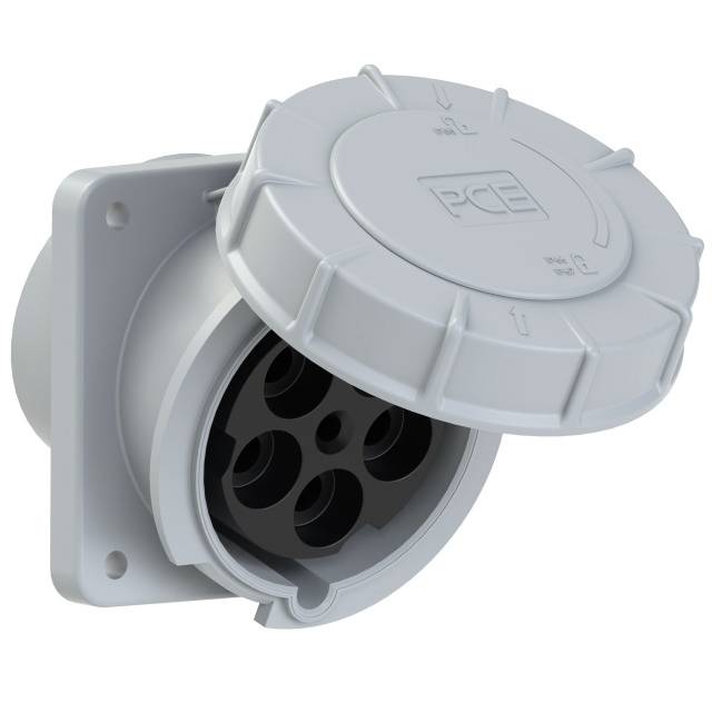 Wall socket with a round, grey cover and multiple round connection points inside, designed for use in industrial environments.