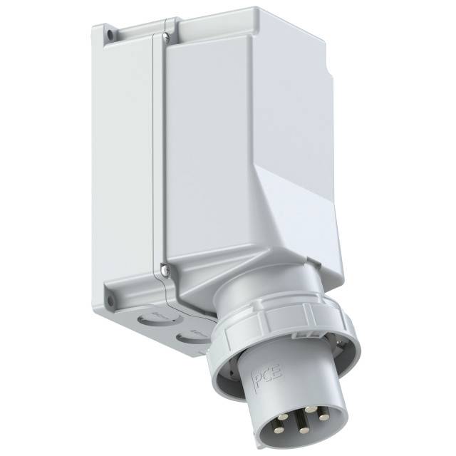 Grey industrial plastic connector with multiple round contacts and a rectangular housing.
