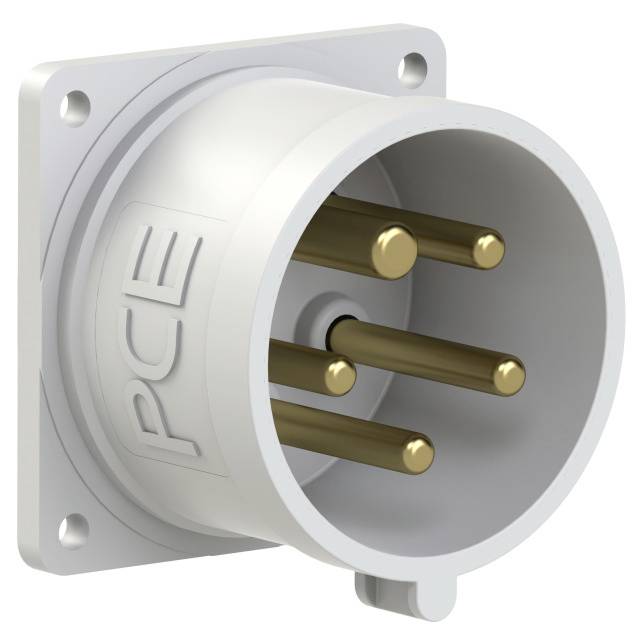 White electrical socket with five gold-coloured pins, side view.<br><br>Note: The translation uses British English spelling (e.g., "coloured" instead of "colored"), maintains the original descriptive structure, and uses precise terminology.