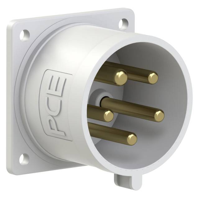 Industrial multi-pin socket with five metal pins and a plastic housing, mounted on a wall.