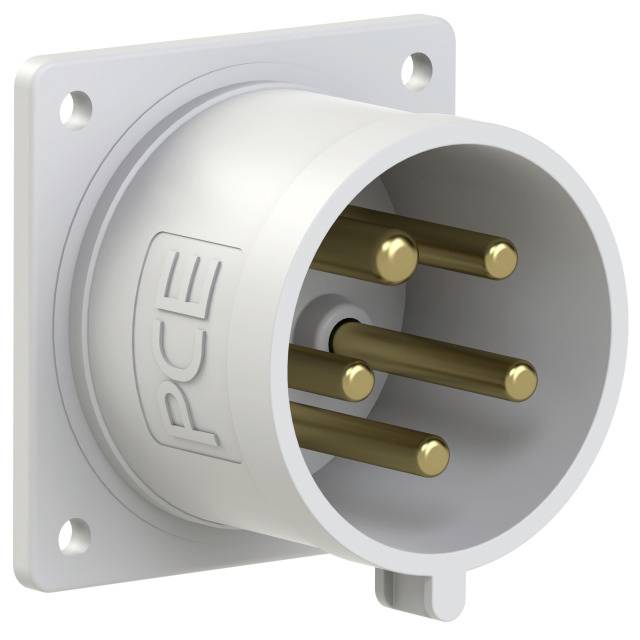 Image of a socket outlet with four gold-coloured pins, mounted on a white plate, with inscription 'PCE'.
