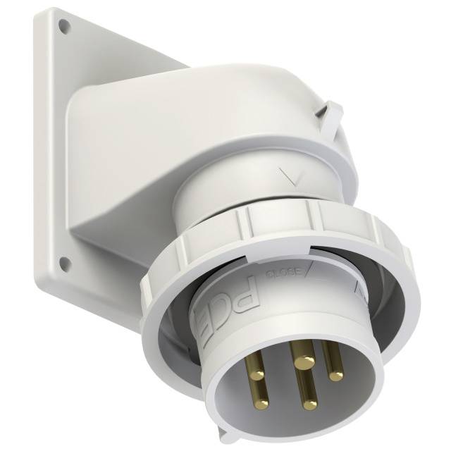 A white, angled wall socket with a round connecting piece and five golden contact pins.