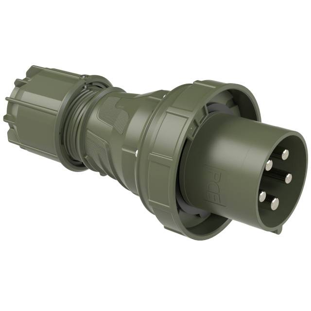 An olive green plug with multiple round pins. Suitable for industrial or military applications.