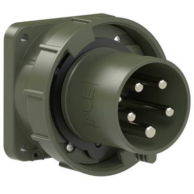 Robust, olive green socket with five metal pins for industrial applications, mounting plate on the left side of the image.
