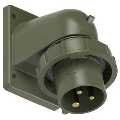 Three-pole industrial plug in a dark olive green, shown at an angle from the front. Used for robust electrical applications.