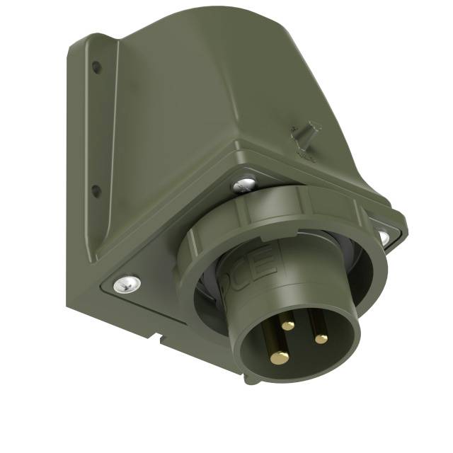 A green industrial plug, mounted on a wall bracket, with three round contact pins, suitable for robust applications.