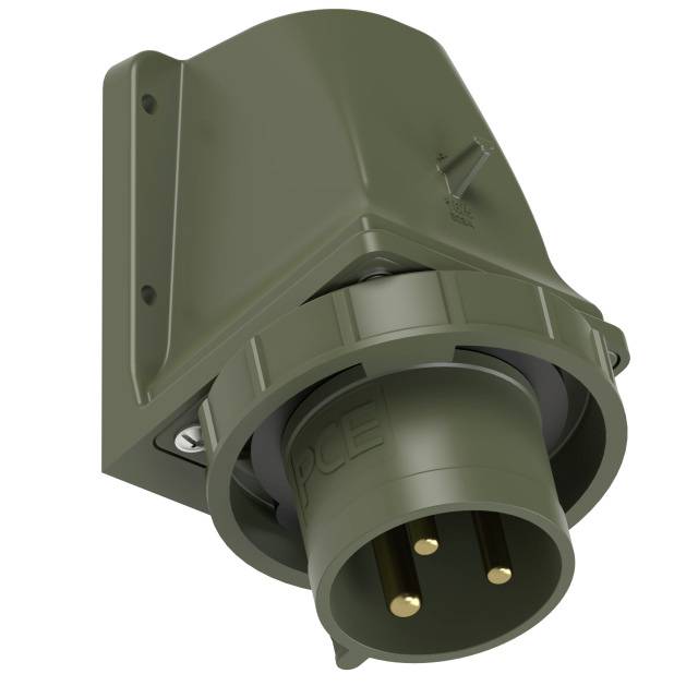 A green, three-pin industrial plug is mounted on a wall bracket. The plug is robust and suitable for electrical connections.