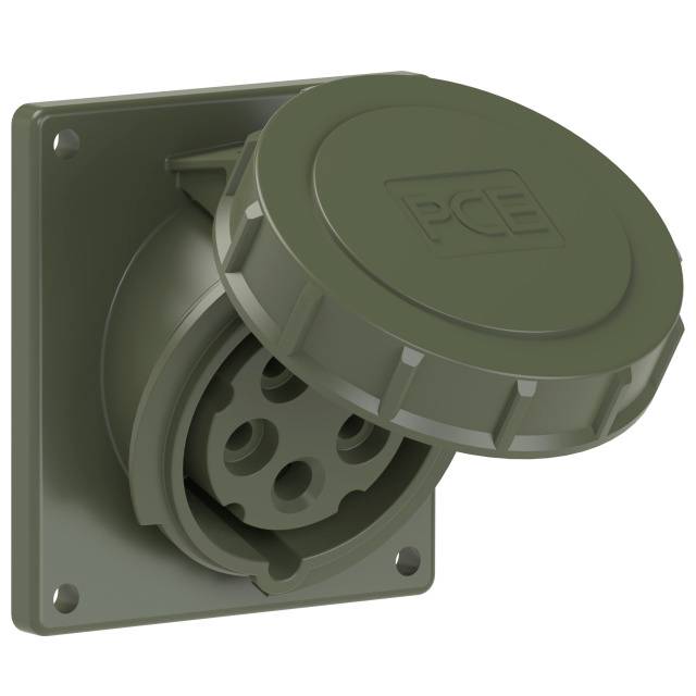 Plastic wall socket with open cover. Suitable for industrial applications.