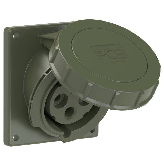 A grey, square industrial socket with a round cover partially concealing the interior of the socket.