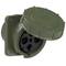 Olive green, round industrial socket with a hinged cover and multi-hole connection, displaying brand logo.