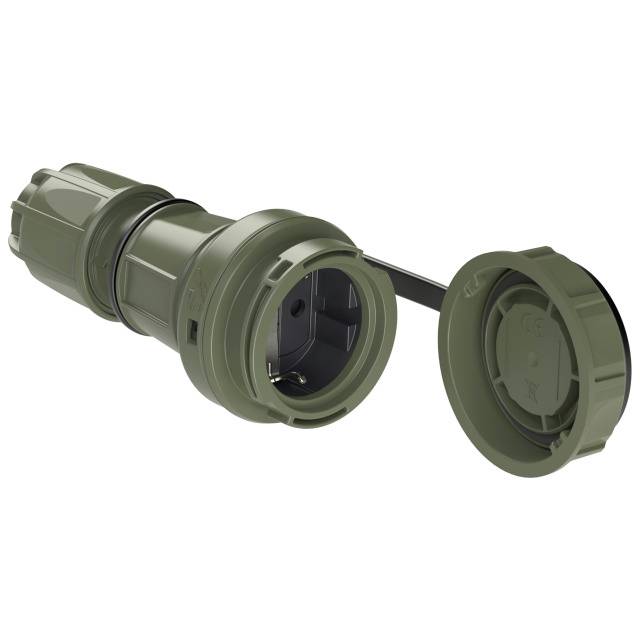 An olive green earthed socket with an open cover, suitable for outdoor use. It shows the interior of the electrical connection.