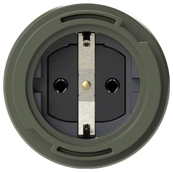 Top view of a European-style electrical socket designed for two-pin plugs, featuring a circular frame and safety features.