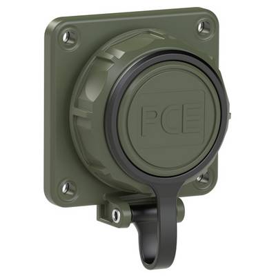 Green socket with a black cap, wall-mounted. 'PCE' inscription on the front.