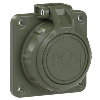 An olive green surface-mounted socket with the inscription 'PCE' on the front side.