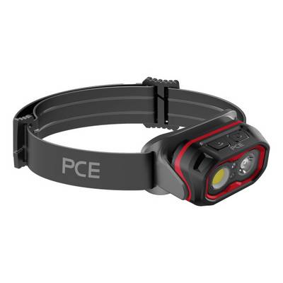 A black head torch with a red frame and 'PCE' inscription, fitted with multiple LED lights.
