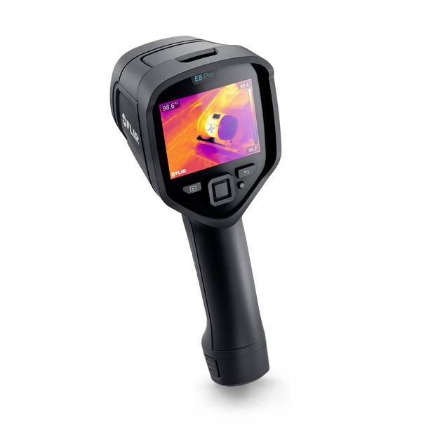 A black thermal imaging camera with a screen displays a coloured thermal image. The camera features a compact, ergonomic design.