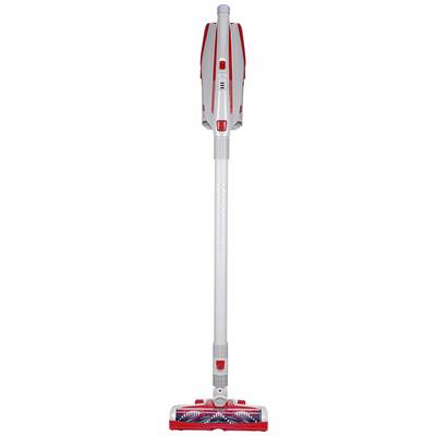 Vacuum cleaner in red and white, sleek design, freestanding, suitable for carpets and hard floors.