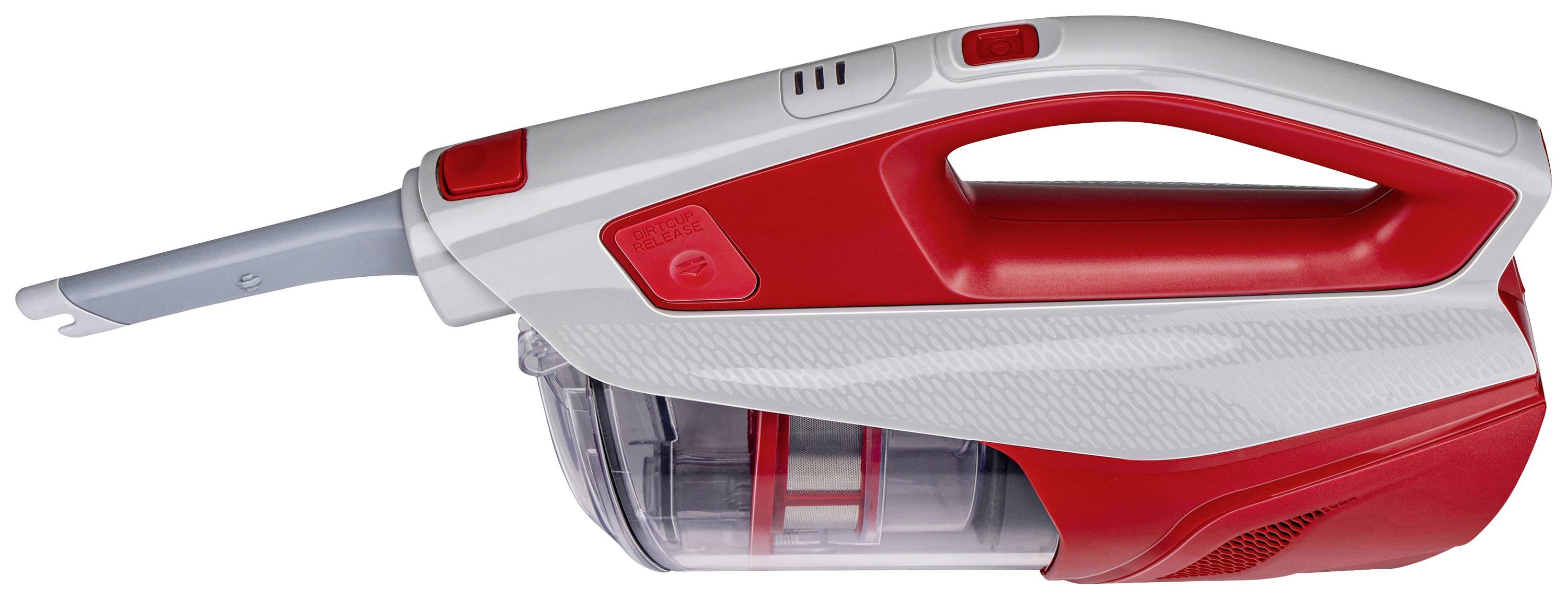 A cordless, red and white handheld vacuum cleaner with a transparent dust container, suitable for quick cleaning and easy storage.