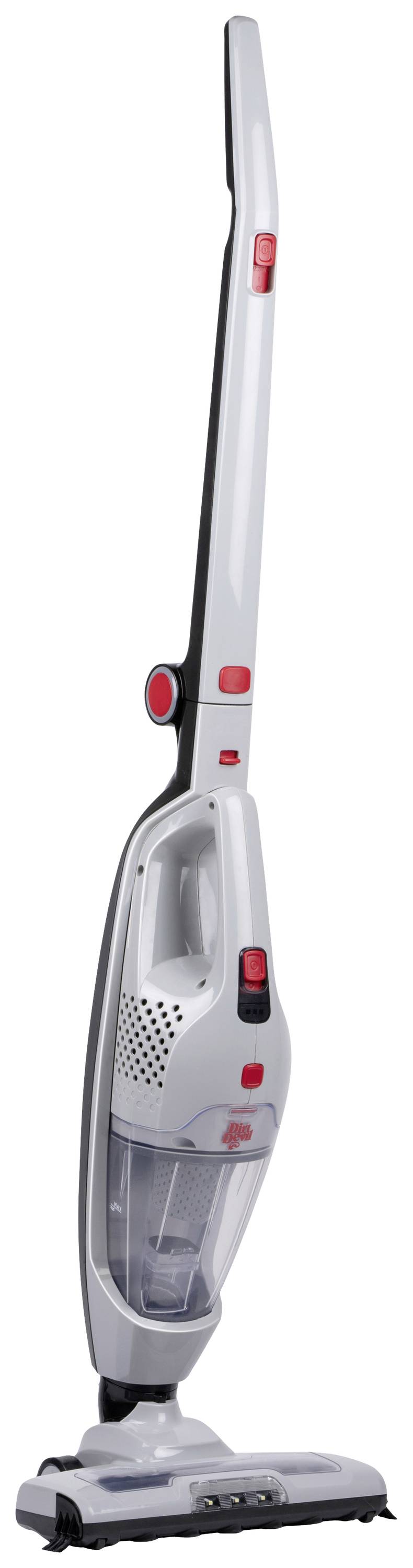 Cordless, silver upright vacuum cleaner with red operation buttons and a transparent dust container.