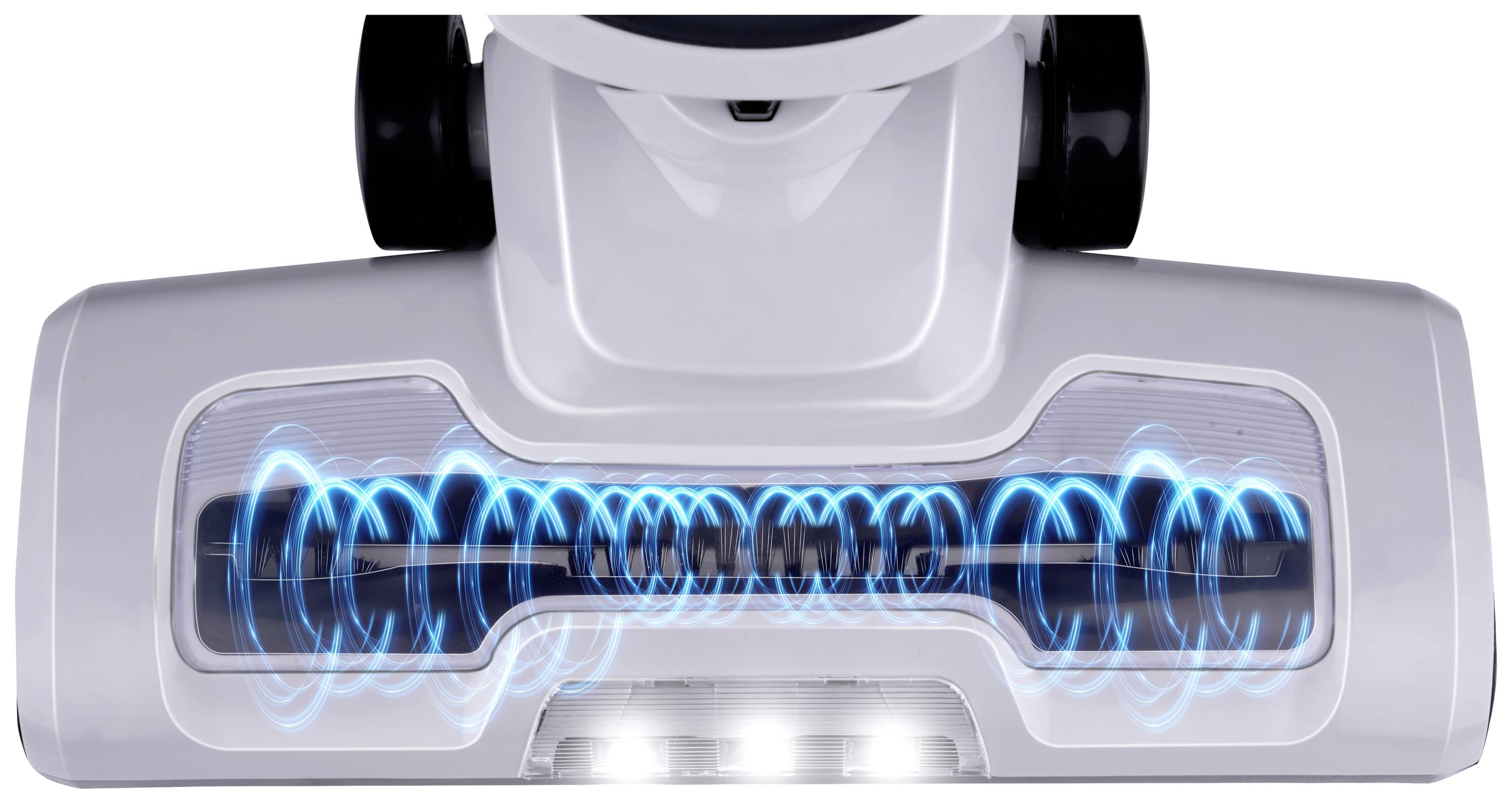 Close-up of a vacuum cleaner brush head with blue illumination effects visualising the suction process.