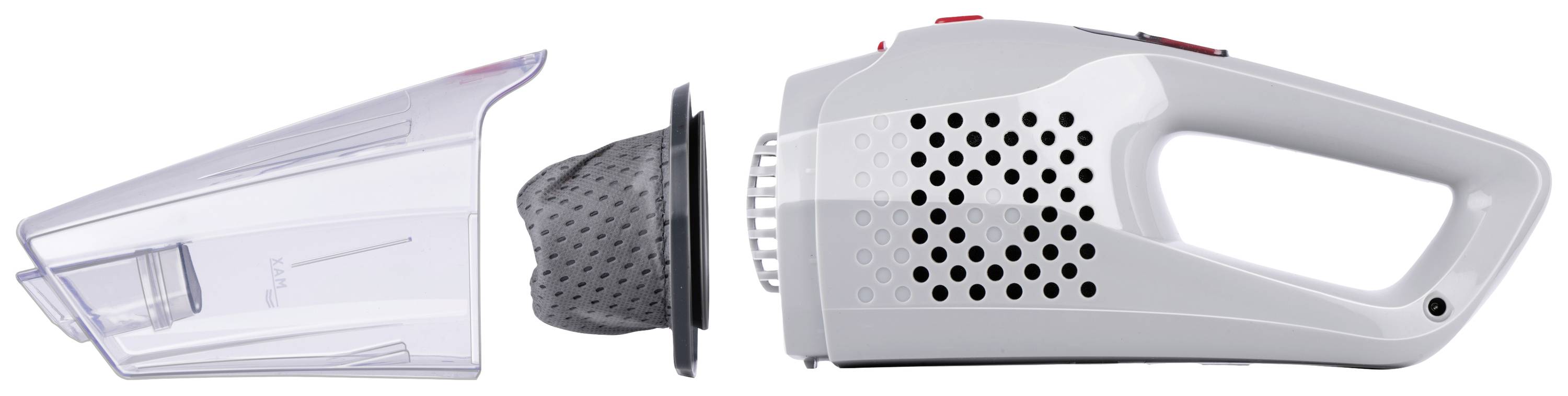 Cordless handheld vacuum cleaner, disassembled. On the left, the transparent dust container, on the right the device with air vents and handle.