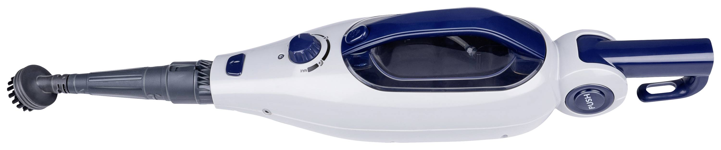 Handheld vacuum cleaner with a blue and white casing and rotating brush nozzle. Suitable for cleaning small areas or tight corners.