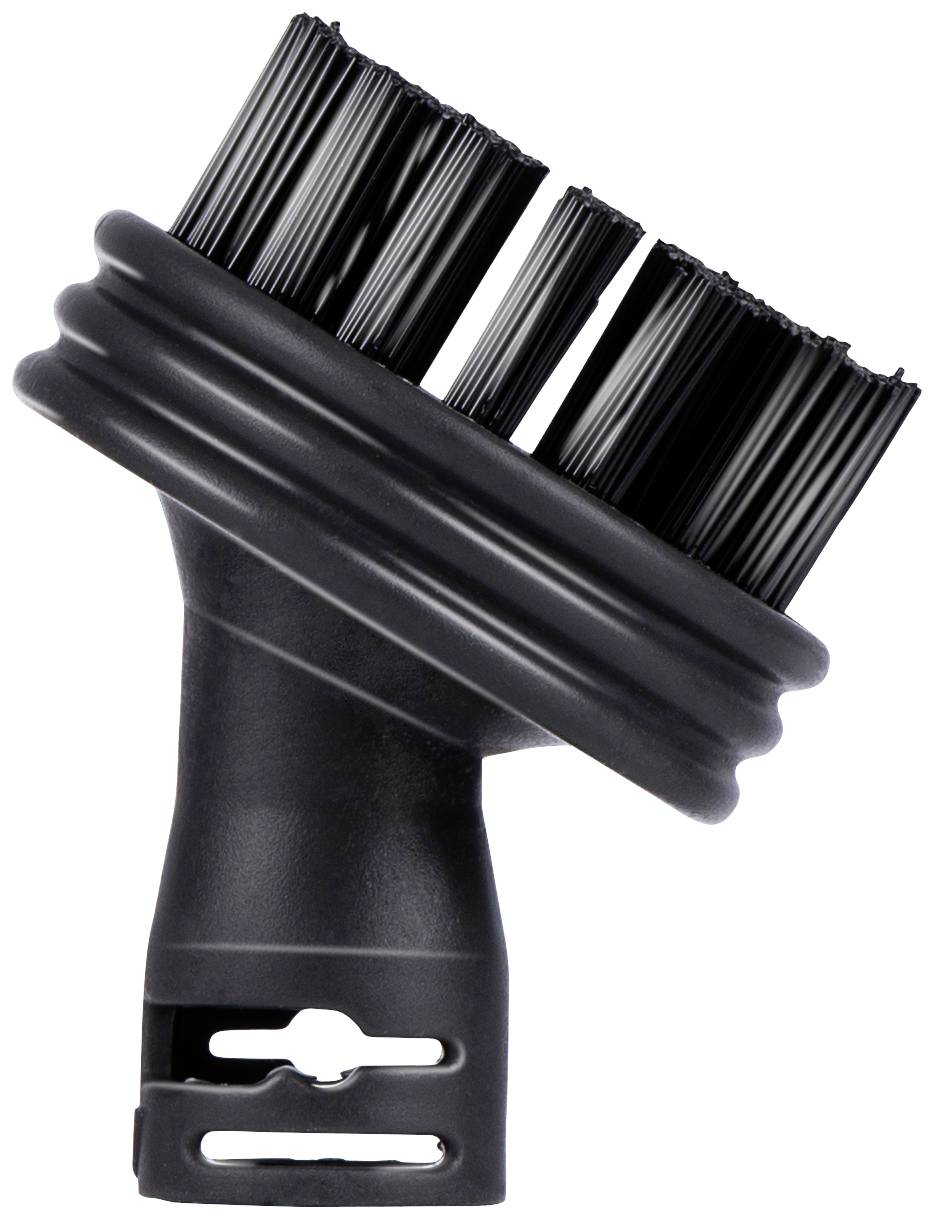 Black brush attachment for vacuum cleaner, cylindrical shape with bristles, suitable for cleaning upholstery or tight corners.