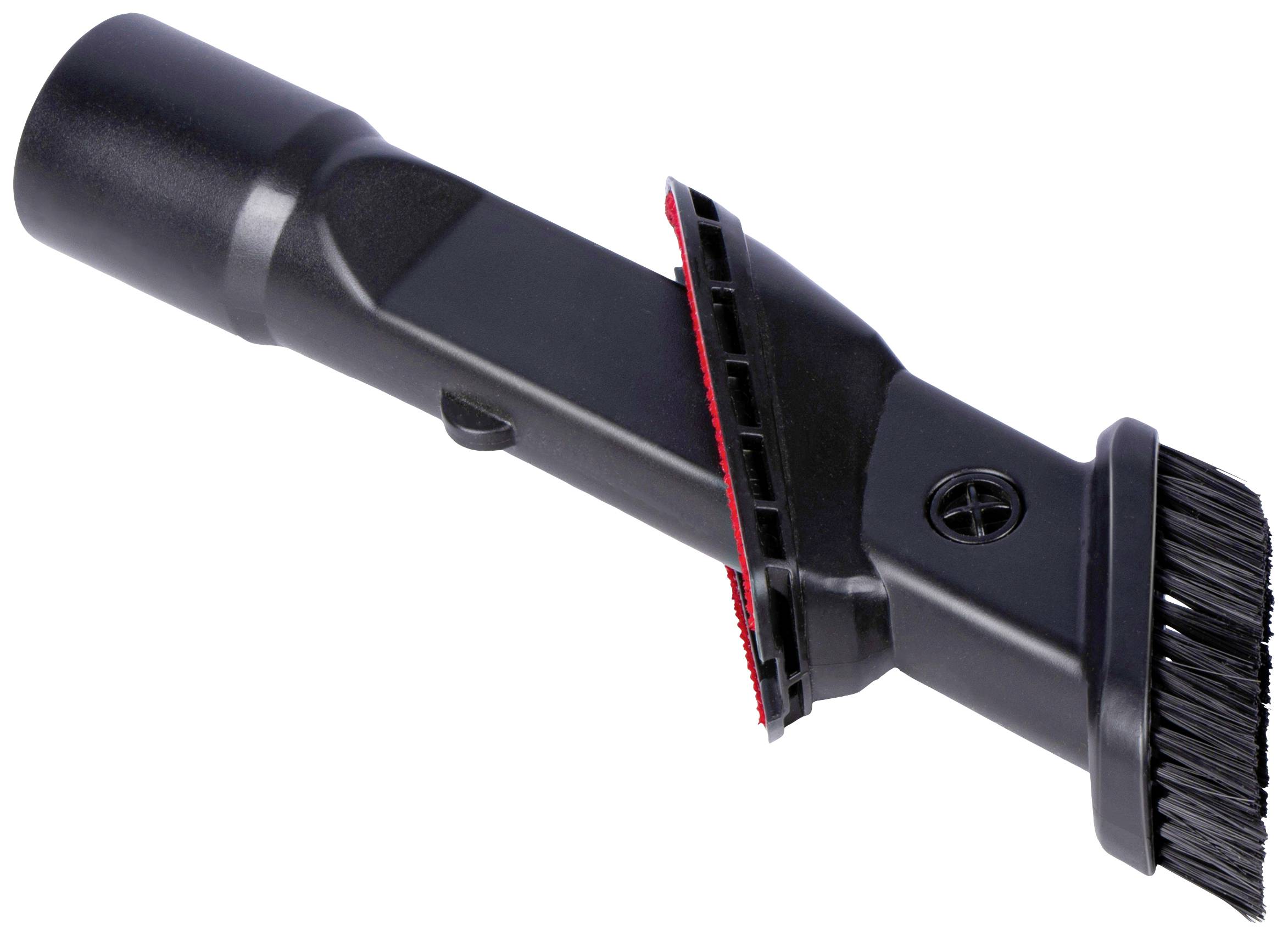 Black vacuum cleaner nozzle with bristles and a side velour strip for thorough cleaning of furniture and corners.