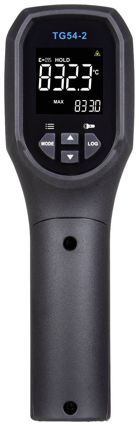 Portable infrared thermometer with digital display, showing '32.3 °C'. Includes operational buttons for mode, measurement, and storage.